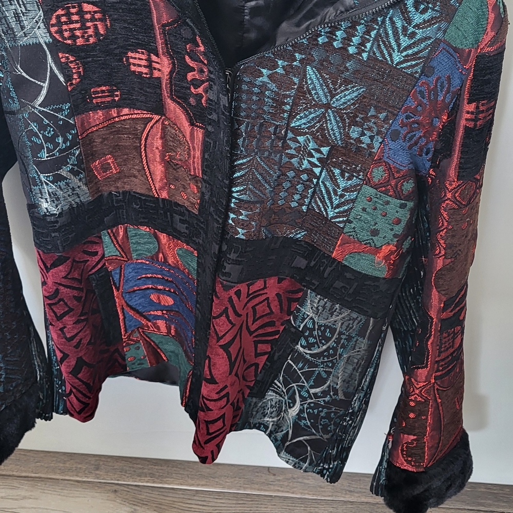 Artistic Patchwork Blazer with Black and Red Accents